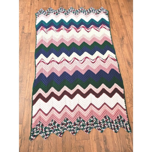 Handmade Other - Handmade Crochet Afghan Blanket Chevron Ripple Pink Green Blue Cream 74x42 Throw